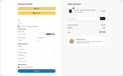 Checkout with PayPal, card payment and order summary