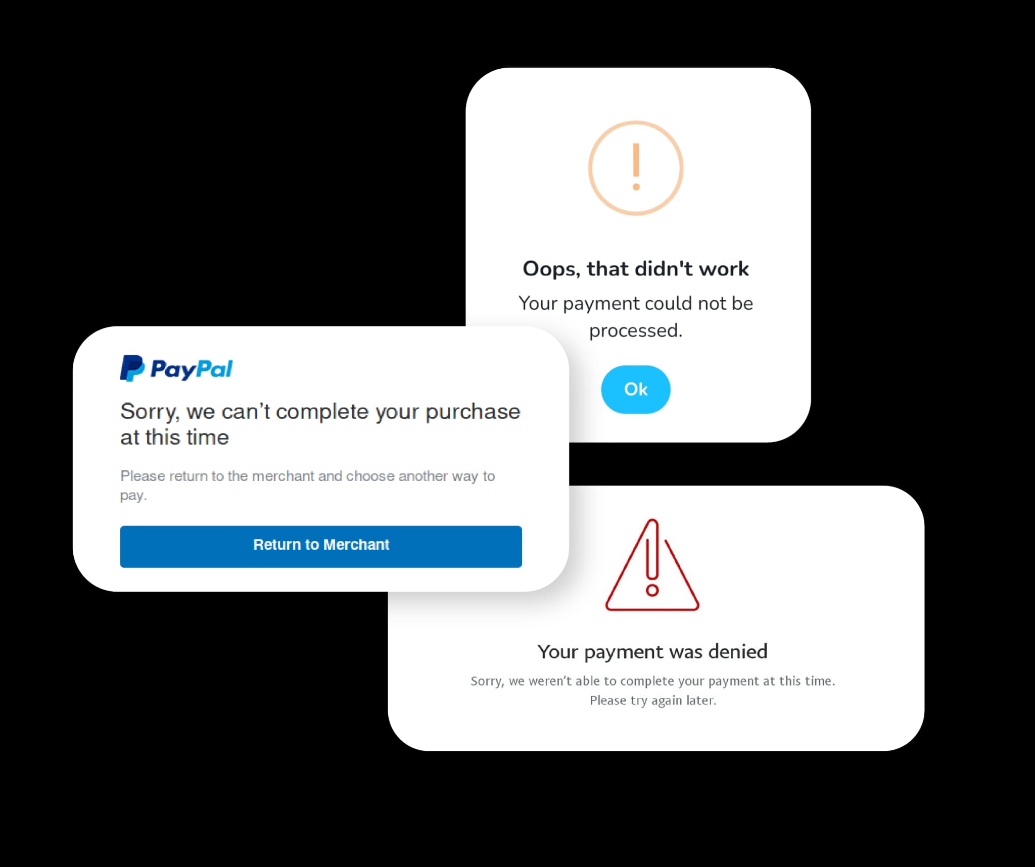 Declined payment and failed checkout screens
